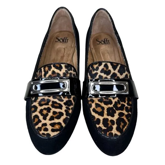 Sofft Black Suede Patent Leather Cowhair Front Buckle Slip-On Loafer Size 9