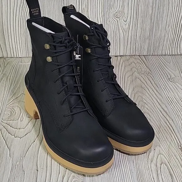 Sorel Hi Line Heel Lace Up Leather Ankle Boots Black Leather Womens 6 NEW