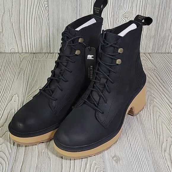 Sorel Hi Line Heel Lace Up Leather Ankle Boots Black Leather Womens 6 NEW