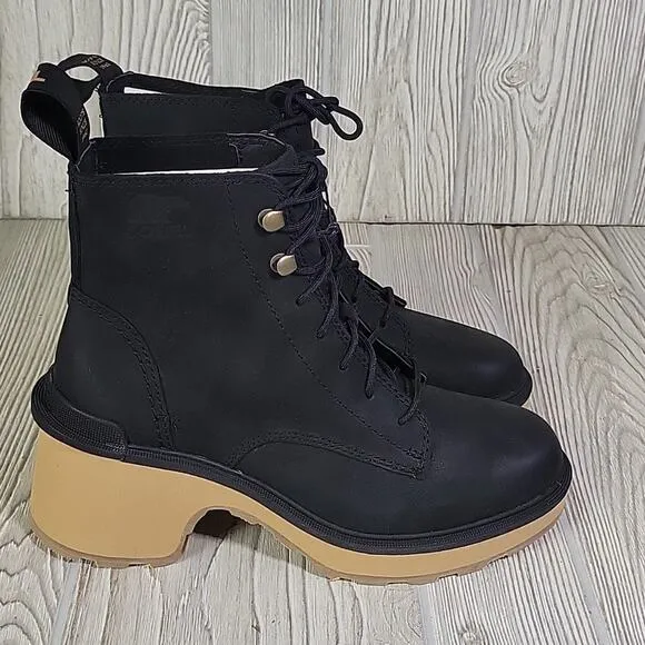 Sorel Hi Line Heel Lace Up Leather Ankle Boots Black Leather Womens 6 NEW