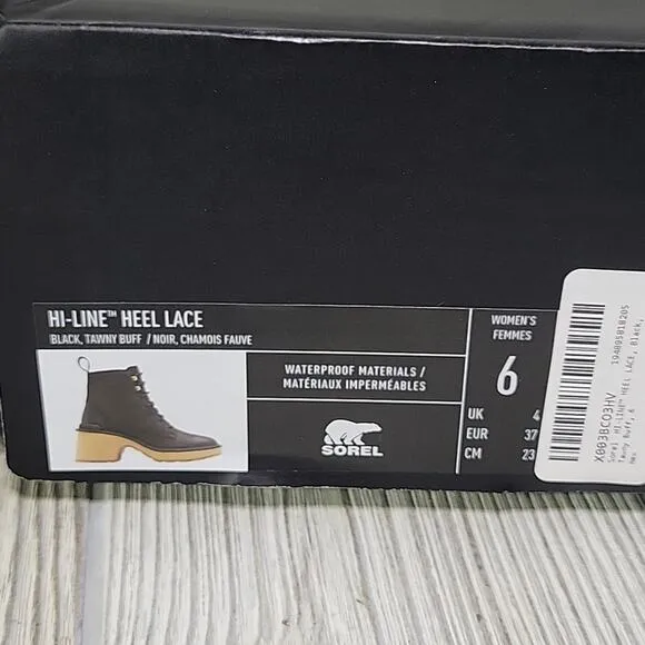 Sorel Hi Line Heel Lace Up Leather Ankle Boots Black Leather Womens 6 NEW
