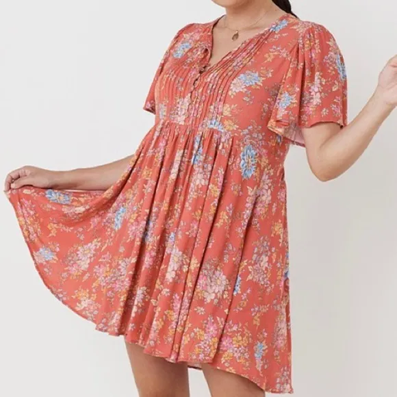 Spell Meadowland Flutter Sleeve Mini Dress Poppy