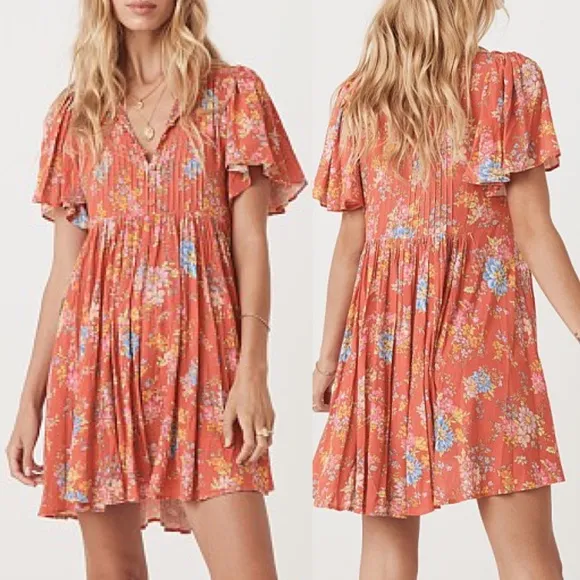 Spell Meadowland Flutter Sleeve Mini Dress Poppy