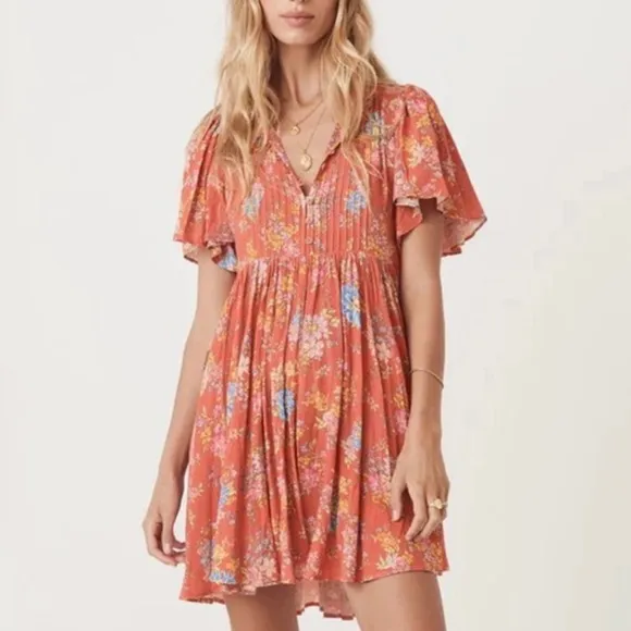 Spell Meadowland Flutter Sleeve Mini Dress Poppy