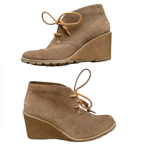Sperry Stella Prow Suede Wedge Ankle Boots Size 9 Womens Brown Leather Booties