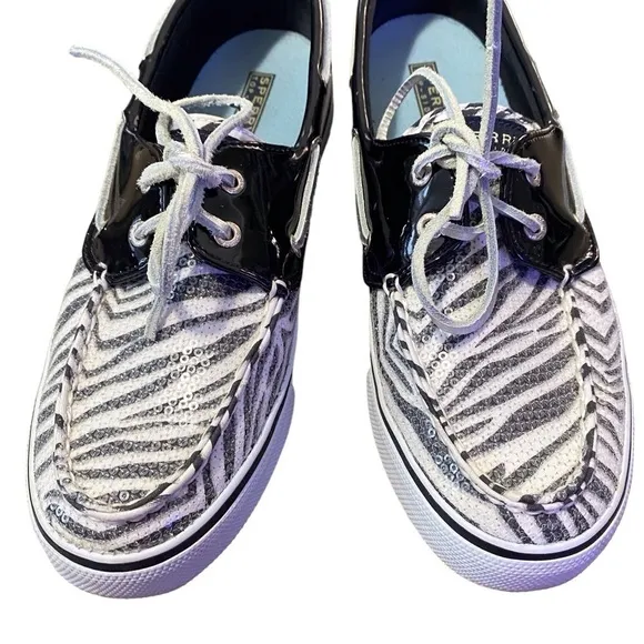 SPERRY Topsiders Black &amp; White Zebra Animal Print Sequin Boat Shoes Size 9M