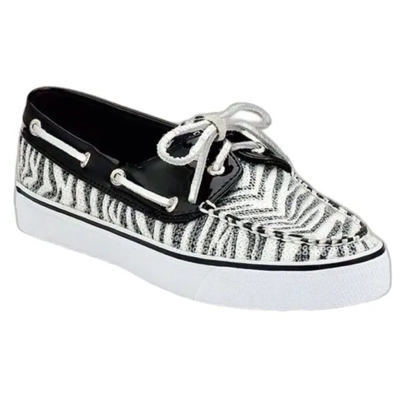 SPERRY Topsiders Black &amp; White Zebra Animal Print Sequin Boat Shoes Size 9M