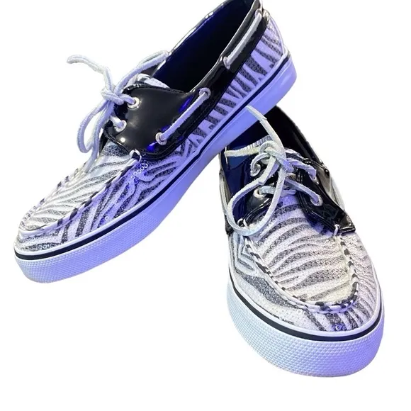 SPERRY Topsiders Black &amp; White Zebra Animal Print Sequin Boat Shoes Size 9M
