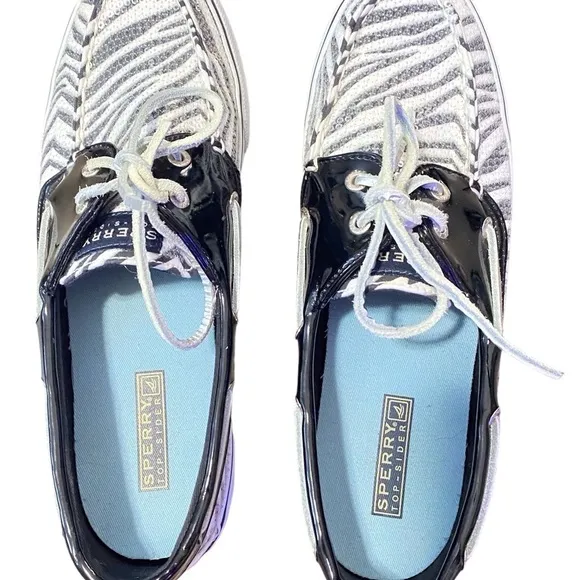 SPERRY Topsiders Black &amp; White Zebra Animal Print Sequin Boat Shoes Size 9M