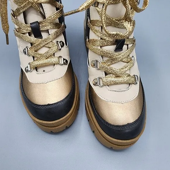 Sugar calling hiker NIB black cream gold color block lug sole boots woman's 8M