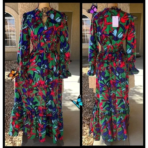 Sugarlips Blue Tropical State Of Mind Leandra Ruffle Maxi Dress Size M