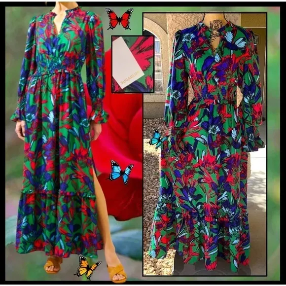 Sugarlips Blue Tropical State Of Mind Leandra Ruffle Maxi Dress Size M