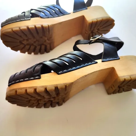 Swedish Hasbeens Woven Black Leather Clog Chunky heel Sandals Eu 40 US 9