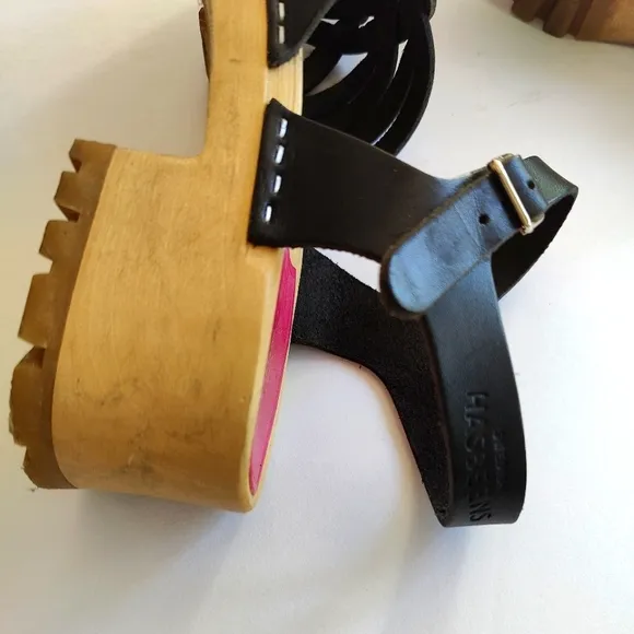 Swedish Hasbeens Woven Black Leather Clog Chunky heel Sandals Eu 40 US 9