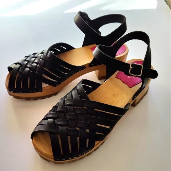 Swedish Hasbeens Woven Black Leather Clog Chunky heel Sandals Eu 40 US 9