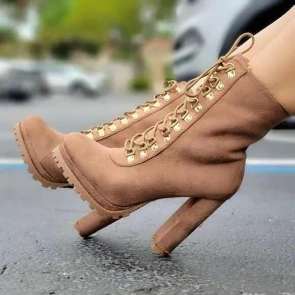 Taupe Lace up Platform Lug Sole Heeled Boots