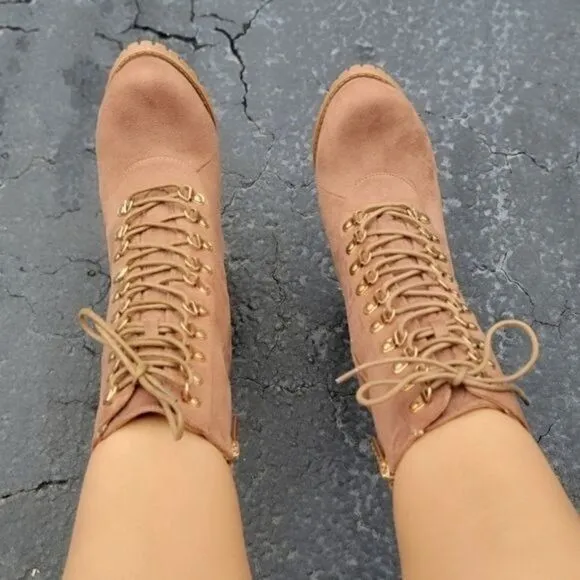 Taupe Lace up Platform Lug Sole Heeled Boots