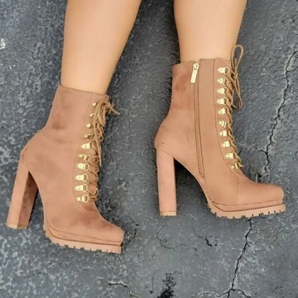 Taupe Lace up Platform Lug Sole Heeled Boots