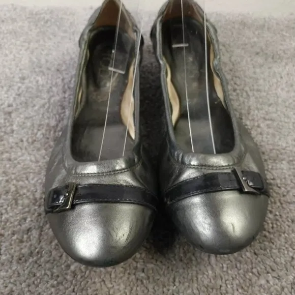 TOD'S Dee Ballet Flats Womens Size 38.5 EU Shoes Metallic Leather Buckle Slip On