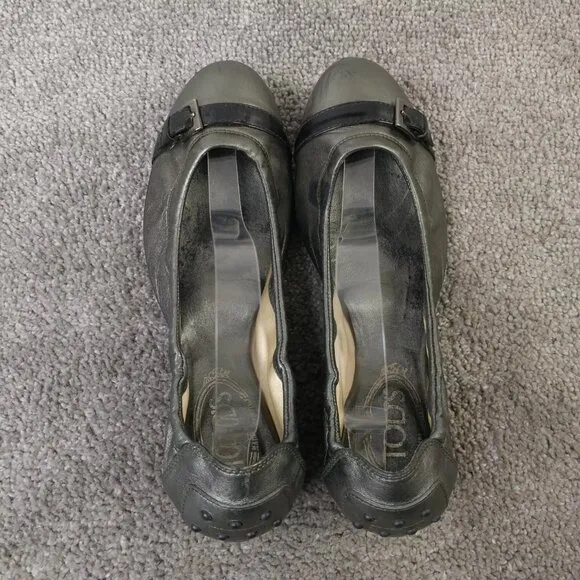 TOD'S Dee Ballet Flats Womens Size 38.5 EU Shoes Metallic Leather Buckle Slip On