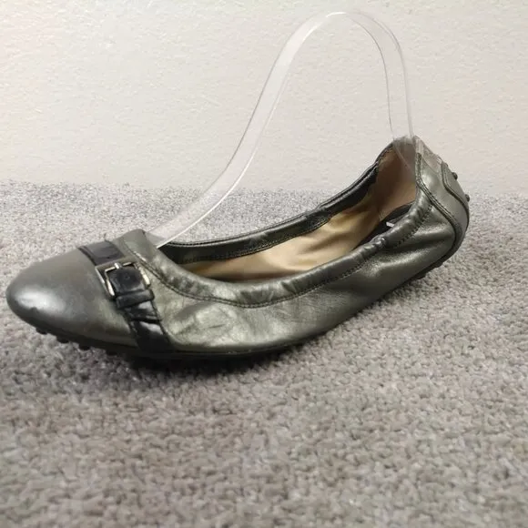 TOD'S Dee Ballet Flats Womens Size 38.5 EU Shoes Metallic Leather Buckle Slip On