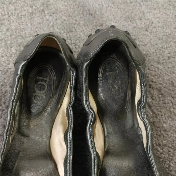 TOD'S Dee Ballet Flats Womens Size 38.5 EU Shoes Metallic Leather Buckle Slip On