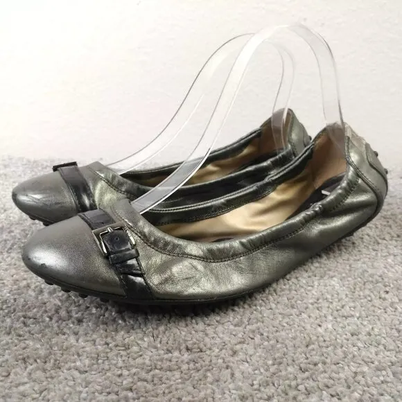 TOD'S Dee Ballet Flats Womens Size 38.5 EU Shoes Metallic Leather Buckle Slip On