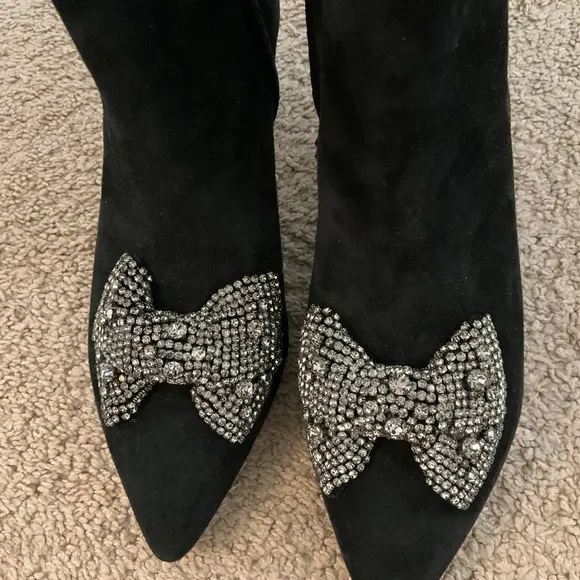 TORY BURCH EMBELLISHED SUEDE BOOTS WITH CRYSTAL BOW