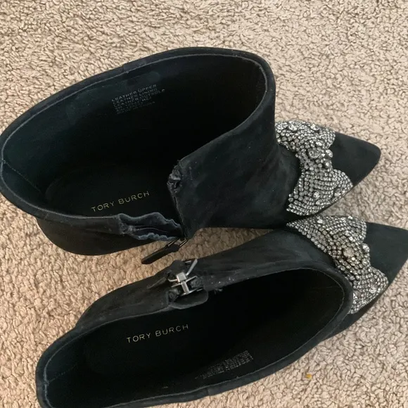 TORY BURCH EMBELLISHED SUEDE BOOTS WITH CRYSTAL BOW