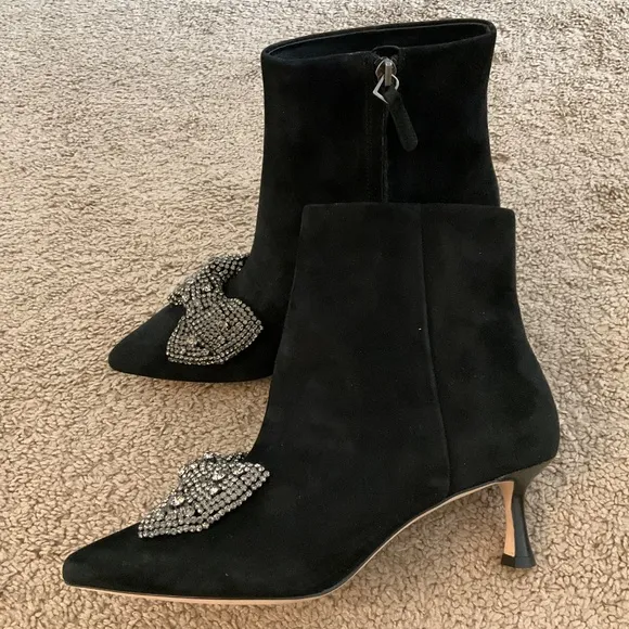 TORY BURCH EMBELLISHED SUEDE BOOTS WITH CRYSTAL BOW