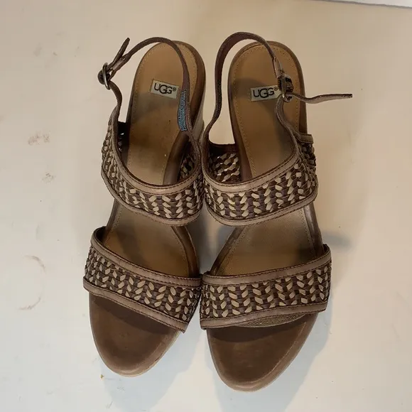 UGG Asia woven taupe wedge leather sandals