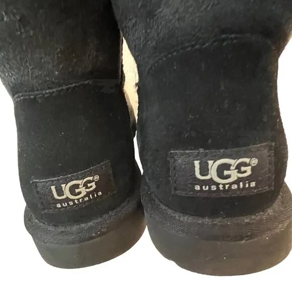 UGG Australia Mini Bailey Button II Logo Boots Black Size 7 Suede Shearling
