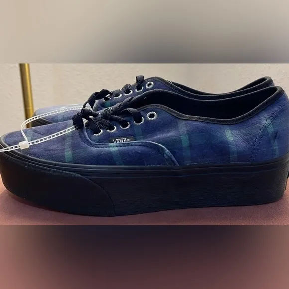 VANS Authentic Old Skool Stackform Velvet Plaid Platform Blue Green Sz 8.5 Men’s