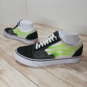 Vans Black White Canvas Neon Green Flames Suede Old Skool Skate Shoes Men's 6.5
