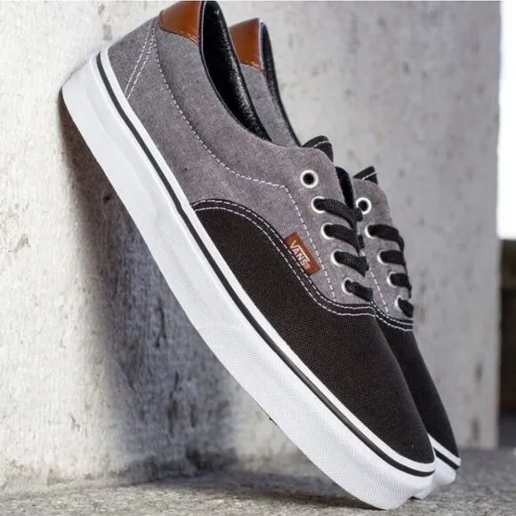 Vans Era 59 Canvas Chambray Black Gray Brown Leather Heel Low Top Skate Shoes 10