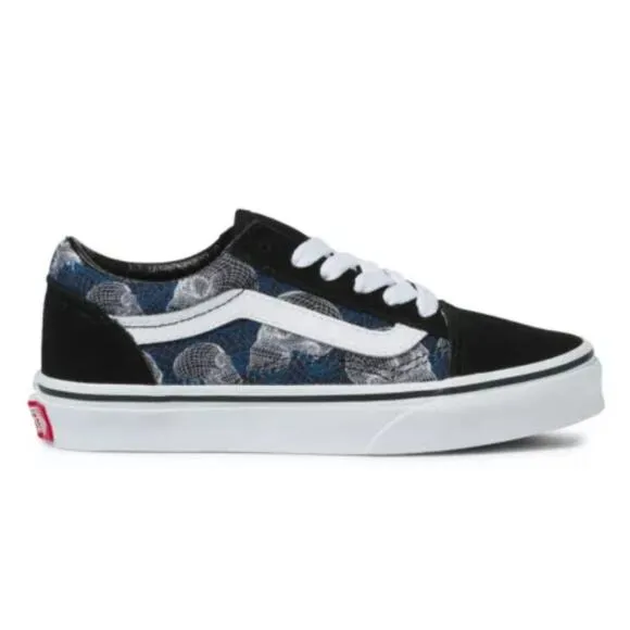 Vans Kids Old Skool Wireframe Skulls Skate Shoe Black/True White Size 2.5K NEW