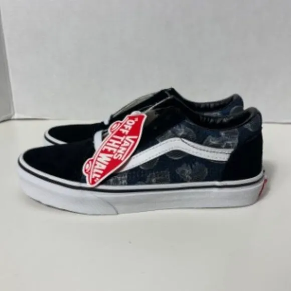 Vans Kids Old Skool Wireframe Skulls Skate Shoe Black/True White Size 2.5K NEW