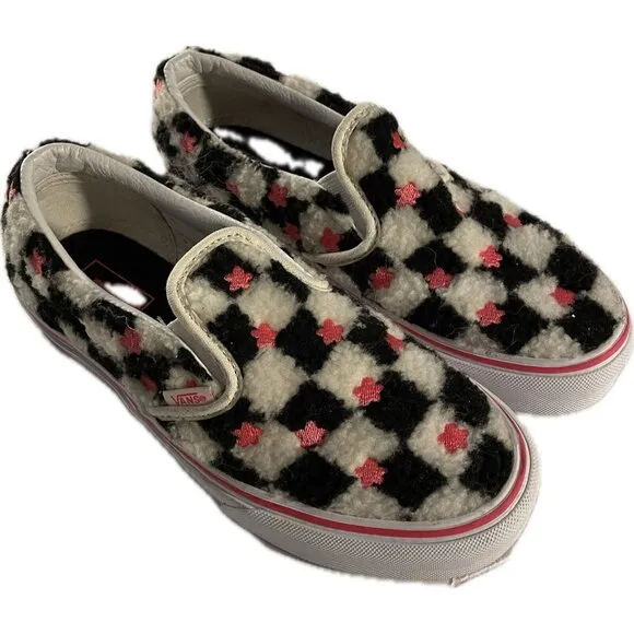 Vans Shoes Sherpa Checked Faux Fur Skate Black/White/Pink Flowers Juniors Sz 4.5