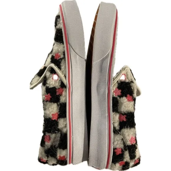 Vans Shoes Sherpa Checked Faux Fur Skate Black/White/Pink Flowers Juniors Sz 4.5