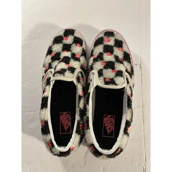 Vans Shoes Sherpa Checked Faux Fur Skate Black/White/Pink Flowers Juniors Sz 4.5