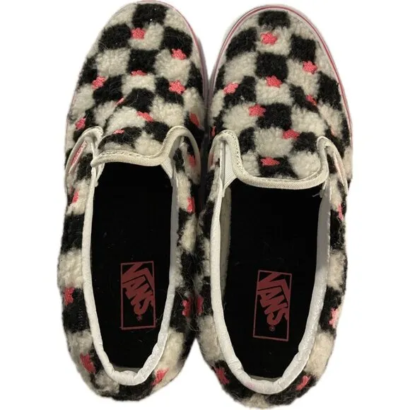 Vans Shoes Sherpa Checked Faux Fur Skate Black/White/Pink Flowers Juniors Sz 4.5