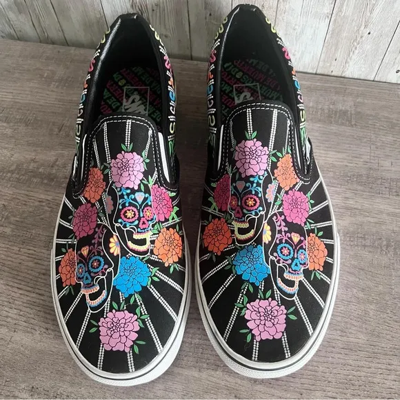 Vans Slip-On Dia De Los Muertos Black &amp; White Skate Size 11.5