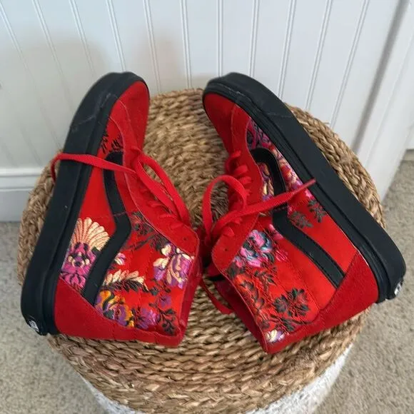 Vans Rare Sk8-Hi Red Reissue Floral Embroidered Festival Satin Skate Shoes W8