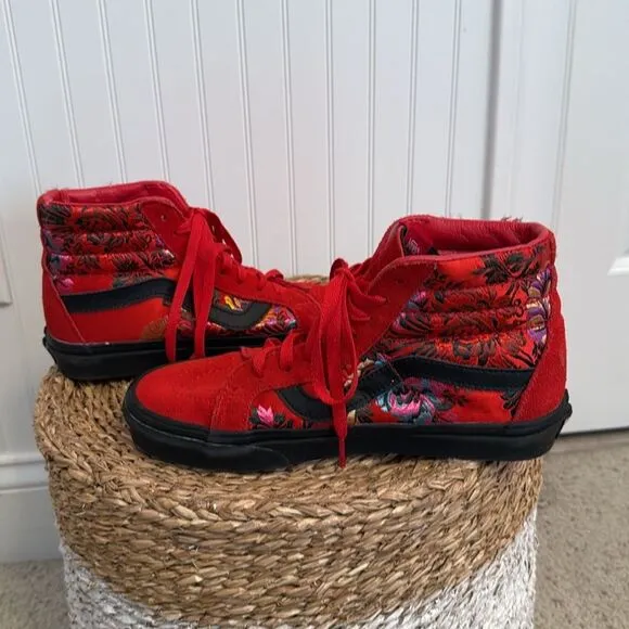 Vans Rare Sk8-Hi Red Reissue Floral Embroidered Festival Satin Skate Shoes W8