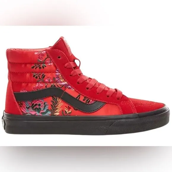 Vans Rare Sk8-Hi Red Reissue Floral Embroidered Festival Satin Skate Shoes W8