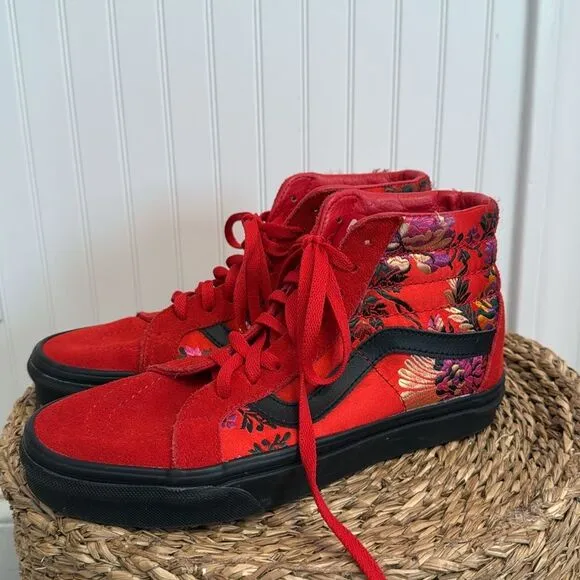 Vans Rare Sk8-Hi Red Reissue Floral Embroidered Festival Satin Skate Shoes W8