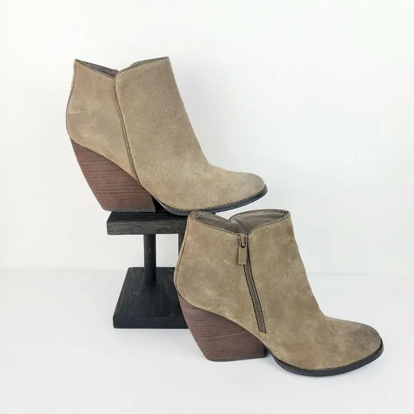 Very Volatile Whitby Boots Khaki Distressed Suede Leather Wedge Booties Sz 10