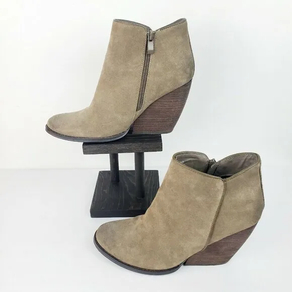 Very Volatile Whitby Boots Khaki Distressed Suede Leather Wedge Booties Sz 10