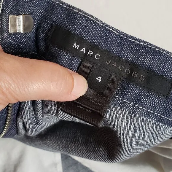 Vintage MARC JACOBS Denim Skirt Pencil Tulip Jean Blue White Trim Stripe Piping