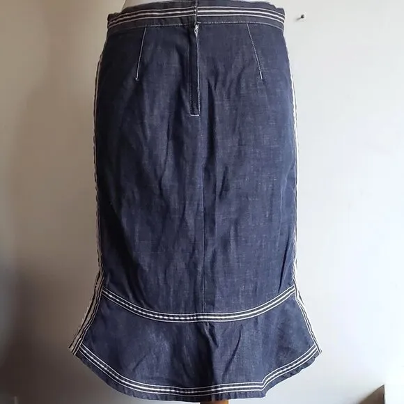 Vintage MARC JACOBS Denim Skirt Pencil Tulip Jean Blue White Trim Stripe Piping